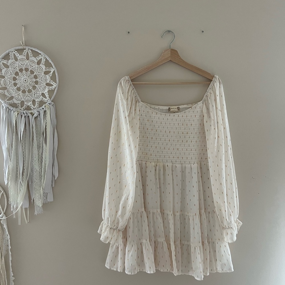 Altar'd State White and Gold Smocked dress